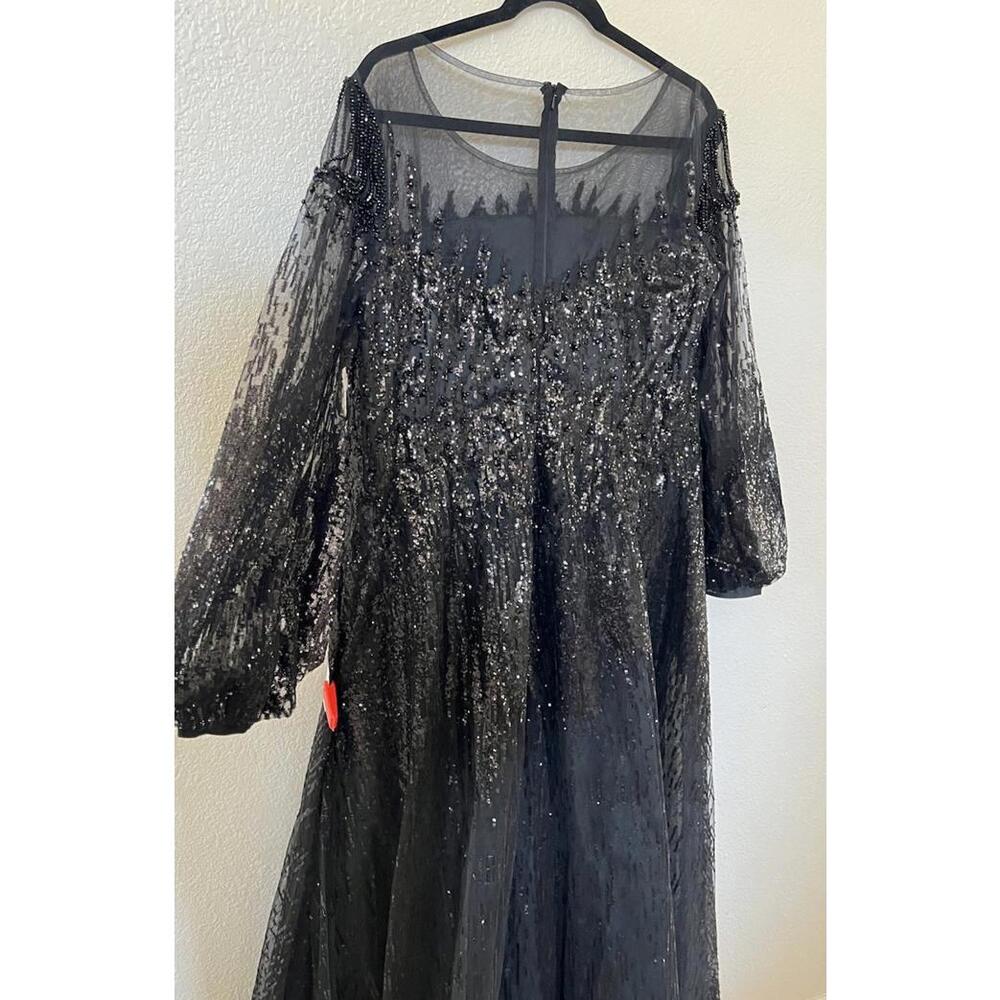 New Mac Duggal Jewel Encrusted Illusion Long Sleeve A Line Gown In Black Sz 16 - Picture 8 of 10